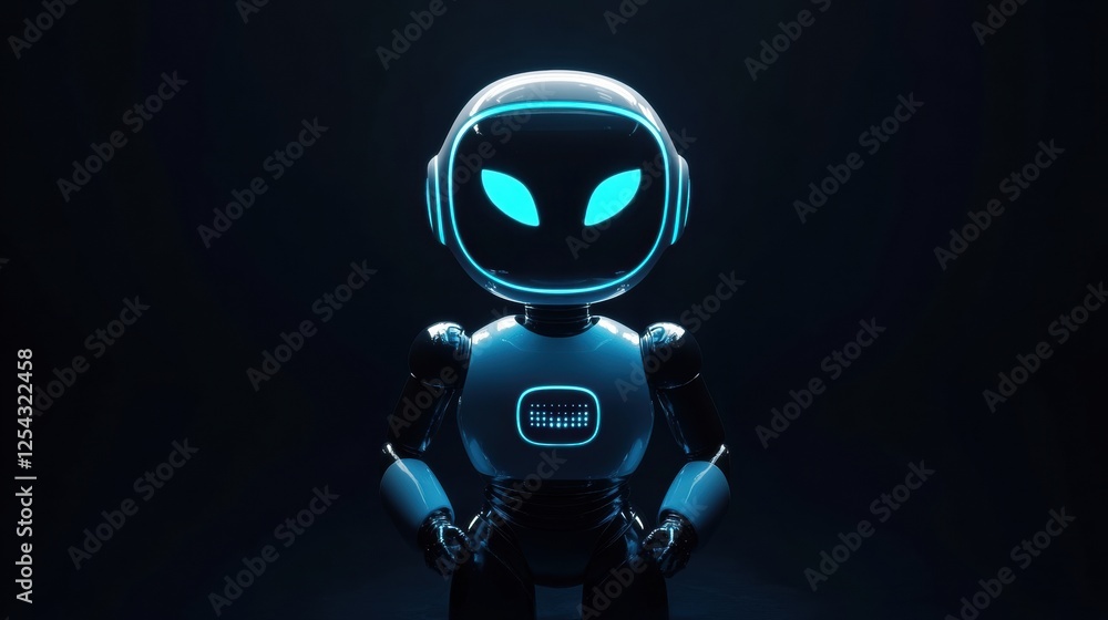 Poster glowing humanoid robot stands in a dark space, showcasing futuristic design and technology at evenin