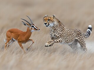 Obraz premium Cheetah Chases Antelope Across Savannah Grassland