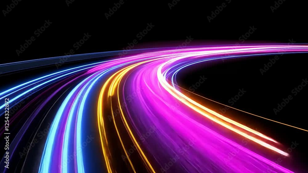 Poster dynamic neon light trails curve against dark background creating vibrant and futuristic visual effec