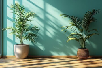 Obraz premium Minimalist green wall with wooden floor and two potted plants, creating a simple and elegant interior design.