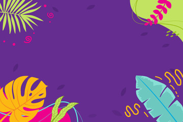 Purple tropical background with colorful leaves