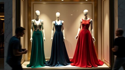 Fototapeta premium Three mannequins stand in a boutique window, elegantly dressed in luxurious gowns under soft lighting. Their sophisticated display captures attention and exudes timeless glamour.