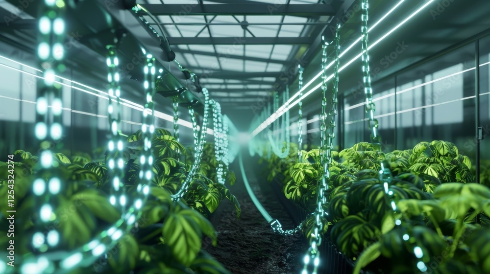 Poster a futuristic greenhouse with glowing chains running along the ceiling representing the integration o