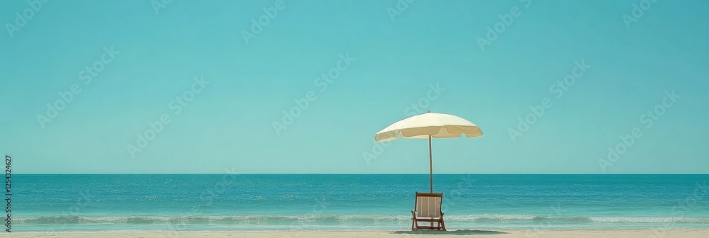 Poster relaxing on a quiet beach with a lounge chair and umbrella overlooking calm ocean waves and a clear 