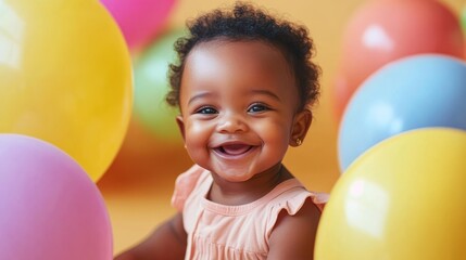 A smiling baby girl celebrates her first birthday with pastel balloons, radiating joy