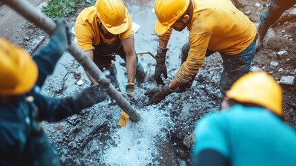 Workers pouring concrete foundation, construction site