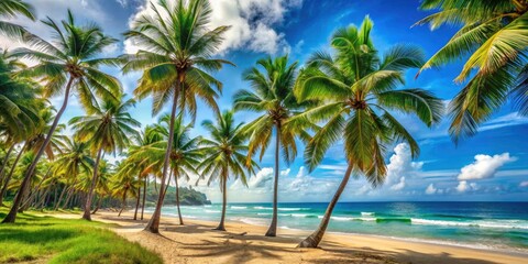 Fototapeta premium Lush Tropical Landscape with Coconut Trees and Leaves, Inviting Sunlight and Serenity of Nature, Perfect for Relaxation and Travel Inspiration