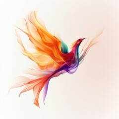 Abstract Colorful Phoenix Bird in Flight: A vibrant digital artwork depicting a phoenix soaring through the air, its feathers rendered in dynamic