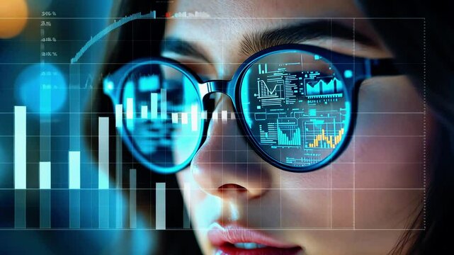 Woman wearing sunglasses reflecting digital graphs and data analytics in a futuristic setting