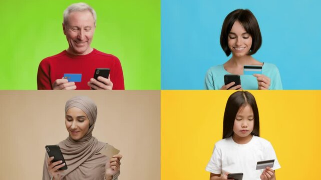 A diverse group of individuals uses smartphones to shop online. They each hold different payment cards while showcasing excitement in colorful backgrounds, highlighting modern shopping habits.
