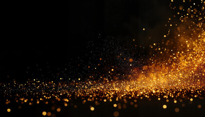Golden glitter particles scattered on black background for creative design