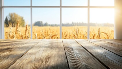 Fototapeta premium Golden Wheat Field View from a Wooden Table