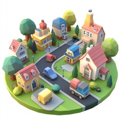 Fototapeta premium A vibrant, 3D-rendered miniature village featuring colorful houses, trees, and streets, creating a whimsical urban landscape.
