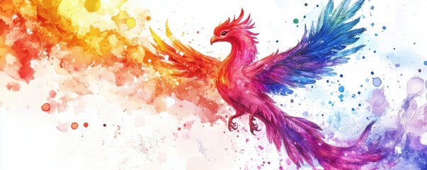 Majestic Rainbow Phoenix Watercolor Painting