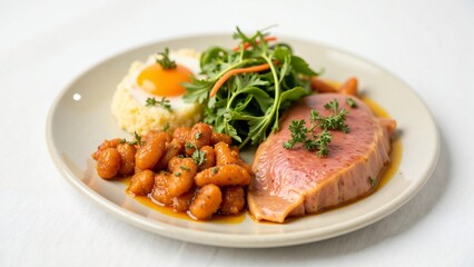 Gourmet Breakfast Plate with Fried Egg, Polenta, Spiced Beans, Smoked Salmon, and Arugula Salad