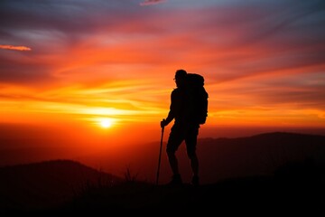 A hiker stands on a hilltop silhouetted by a vibrant sunset, holding a walking stick. The warm orange-yellow hues paint the dramatic landscape