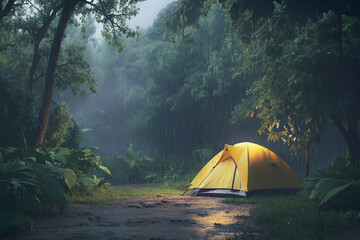 Camping in the woods, tropical forest. Raining
