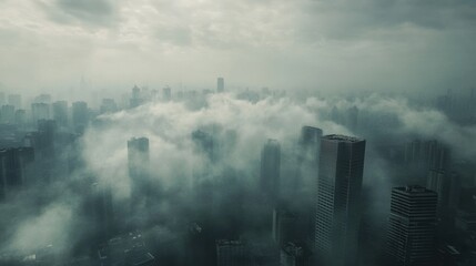 City skyline enveloped in thick smog with industrial chimneys releasing heavy smoke at dusk. Generative AI