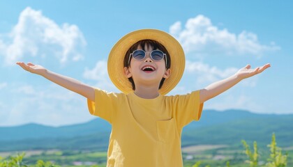 A joyful child in a yellow shirt and hat expresses happiness in a vibrant outdoor setting surrounded by mountains and blue skies.
