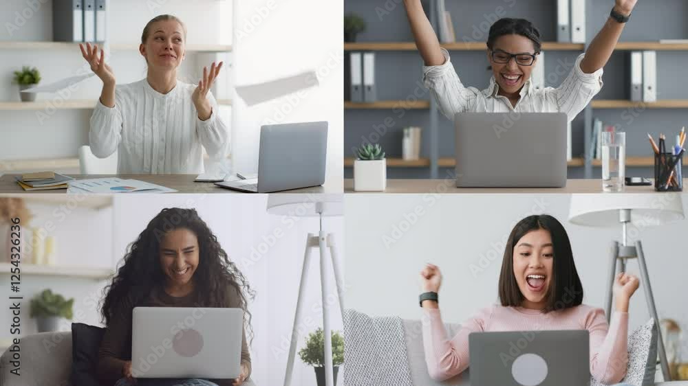 Poster Four people connected via laptops express joy and surprise during an online meeting, showcasing diverse reactions and emotions while working remotely from different settings.