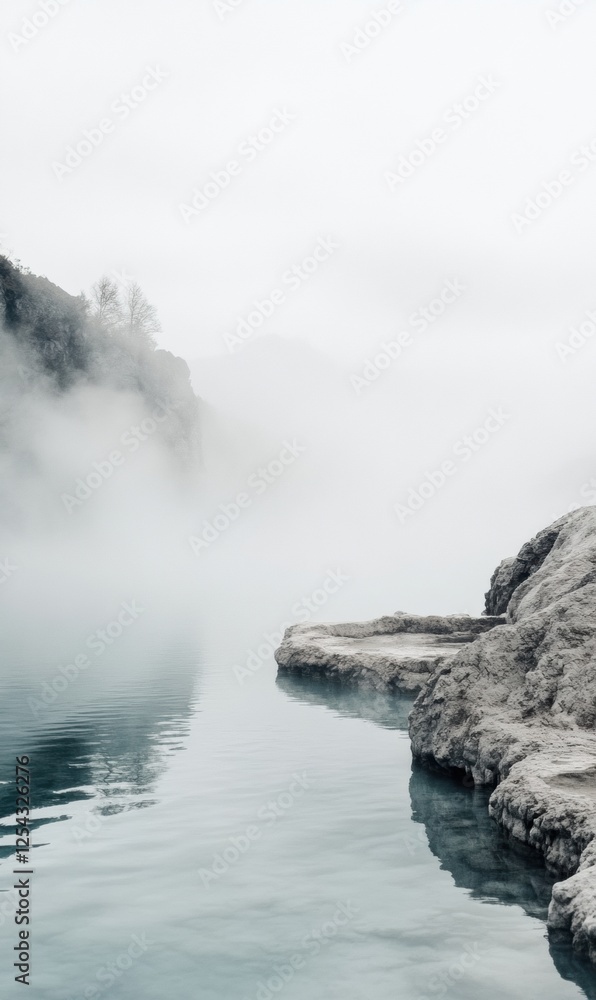 Poster serene hot spring surrounded by rocky edges with steam rising in a tranquil environment. generative 