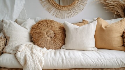 Cozy Beige and Brown Pillows on a Wicker Sofa