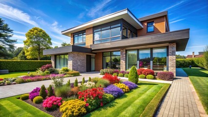 Bright Modern House Exterior with Lush Landscaping under a Sunny Blue Sky - Perfect for Real Estate, Architecture, and Home Design Projects