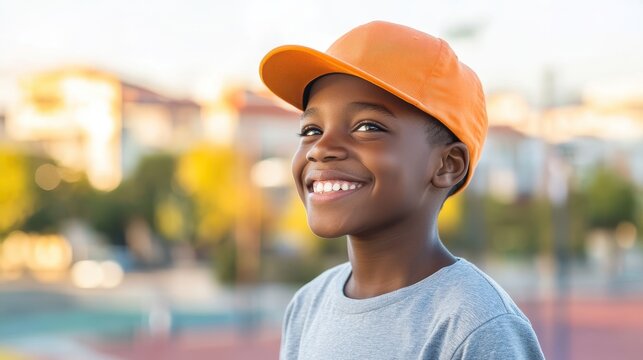 8-year-old Black boy in a bright cap plays at the playground with a soft city backdrop