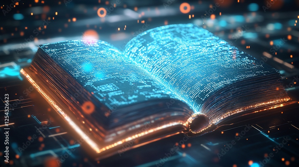 Aufkleber a glowing open book with digital code on its pages, surrounded by sparkling lights