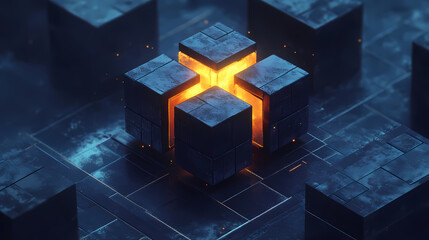 Sci-Fi Scene: Four Black Cubes Orbiting a Glowing Yellow Core