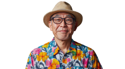 Cheerful senior wearing a floral shirt and straw hat on a clear backdrop