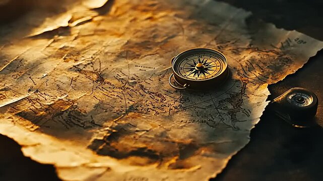 Antique compass resting on a weathered, aged treasure map.