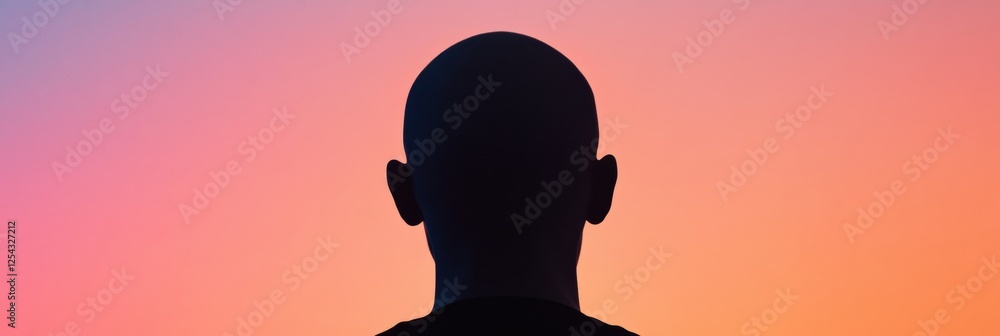 Leinwandbilder silhouette of a person with bald patches against a colorful gradient sunrise background at dawn in a
