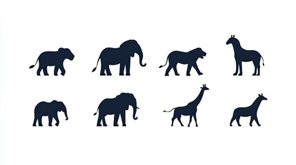 Obraz premium Silhouettes of various animals including a lion, elephant, and giraffe on a white background