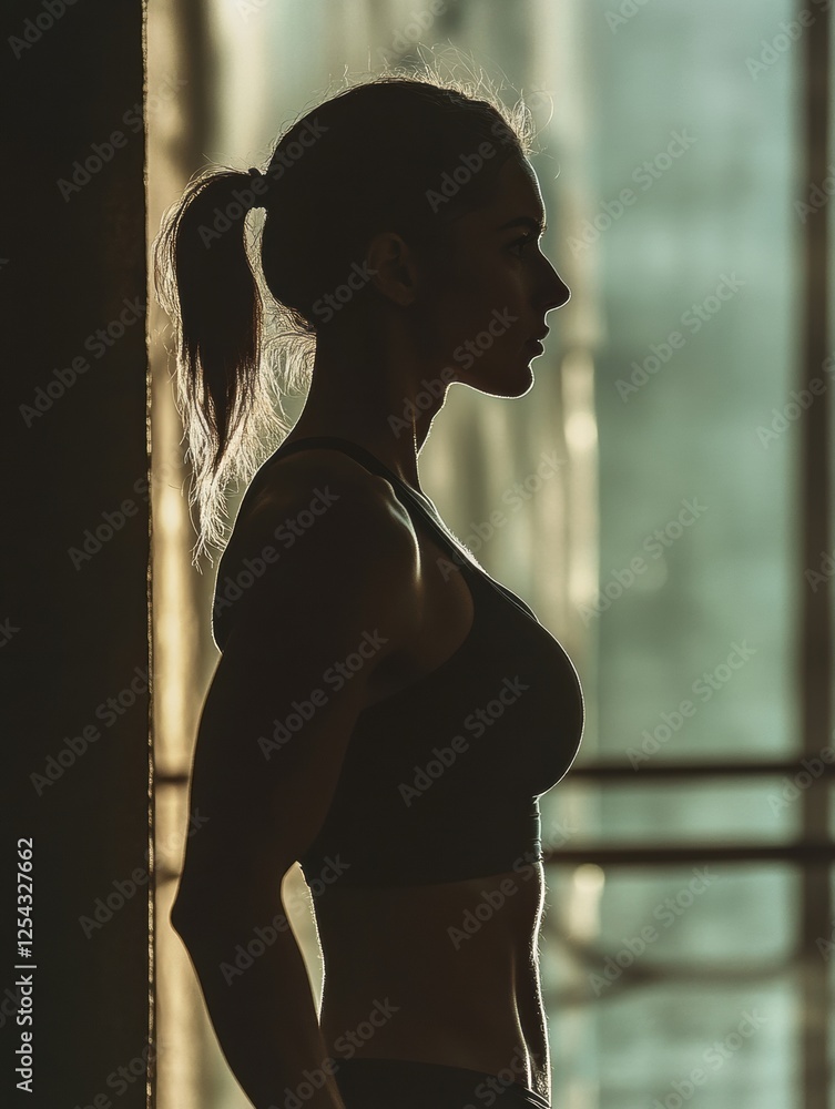 Poster fitness transformation silhouette showcasing before and after workout progress in a gym environment.