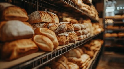 Bakery shop with assortment of bread on shelves. High quality photo