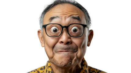 Shocked senior man with glasses making a surprised face on transparent background