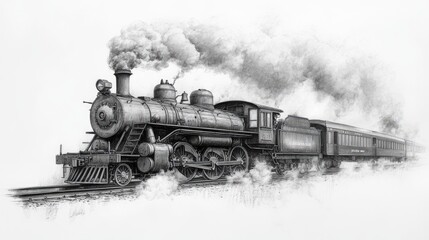 Fototapeta premium Vintage steam locomotive chugging along tracks, emitting smoke, with a scenic landscape backdrop