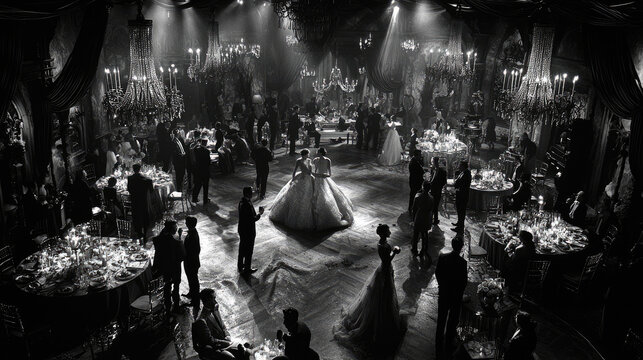 Elegant ballroom scene with couples dancing, chandeliers illuminating a lavish event