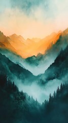 Misty Mountain Landscape: Golden Hour Watercolor Serenity