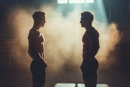 Fitness transformation silhouette showing dramatic change before and after consistent workouts in a gym setting. Generative AI