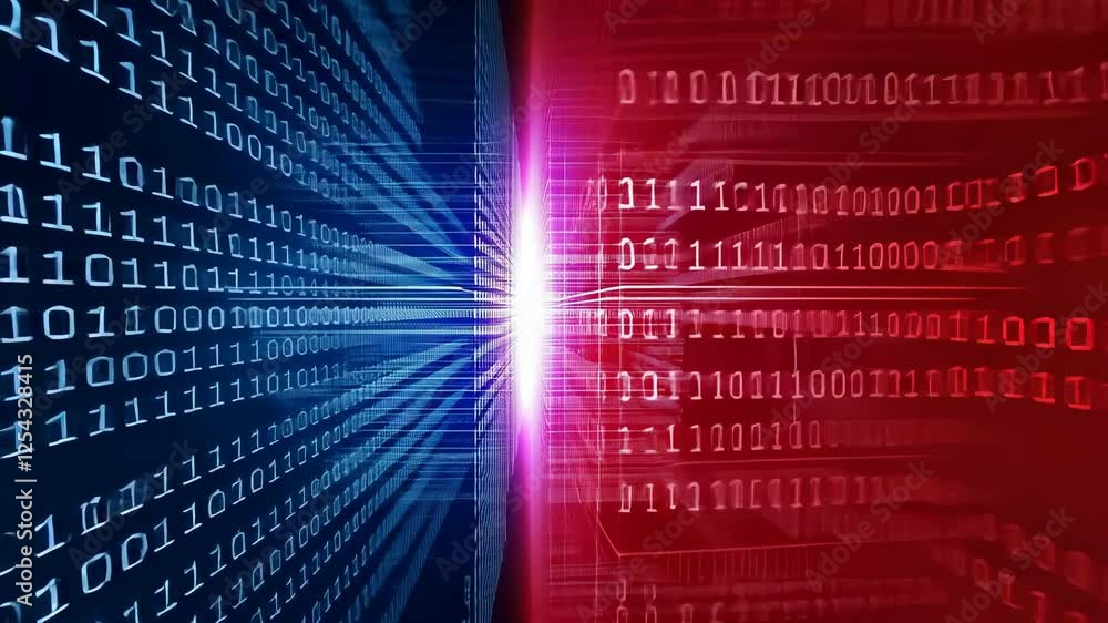 Poster binary code in blue and red converges towards bright center, symbolizing digital data transfer and t