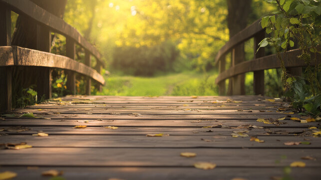 wooden bridge in sunlit forest with fallen leaves