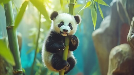 Obraz premium Baby panda climbing bamboo, lush habitat