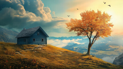 serene landscape with cabin and tree under vibrant sky