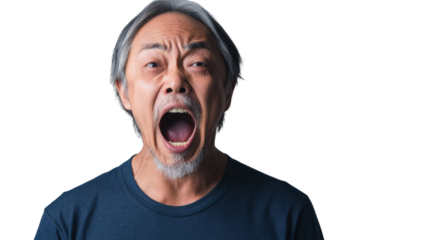 Senior man shouting with transparent background: expressing anger and frustration