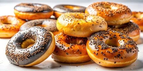 Delicious Bagels on a White Background: A Close-Up Look at Gourmet Bagels for Food Photography Lovers and Culinary Enthusiasts