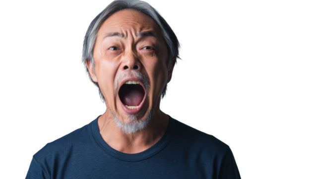Senior man shouting with transparent background: expressing anger and frustration