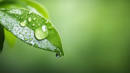 Fototapeta premium Close-Up of Dew Drops on Fresh Green Leaf with Soft Background