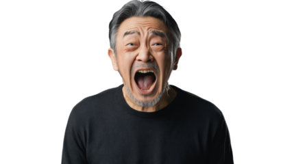 Senior man shouting with transparent background: expressing anger and frustration